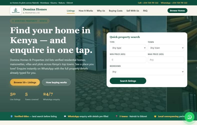 Domina Homes & Properties real estate website built by Kavenacc, showing property search by type, town, price and bedrooms