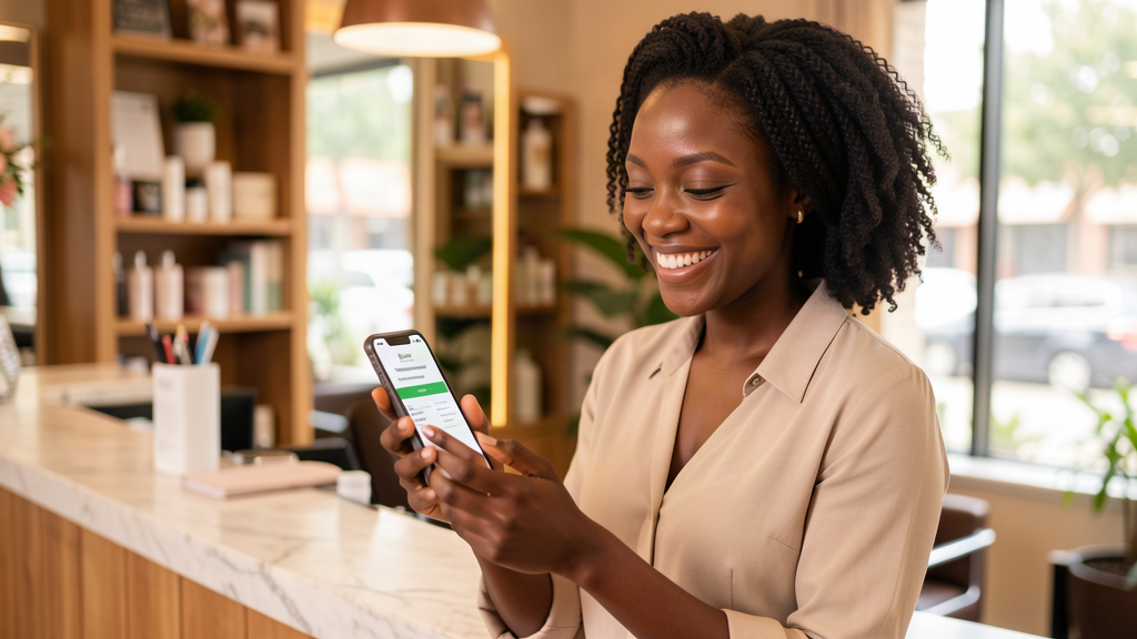 Happy Kenyan salon client confirming her booking on WhatsApp